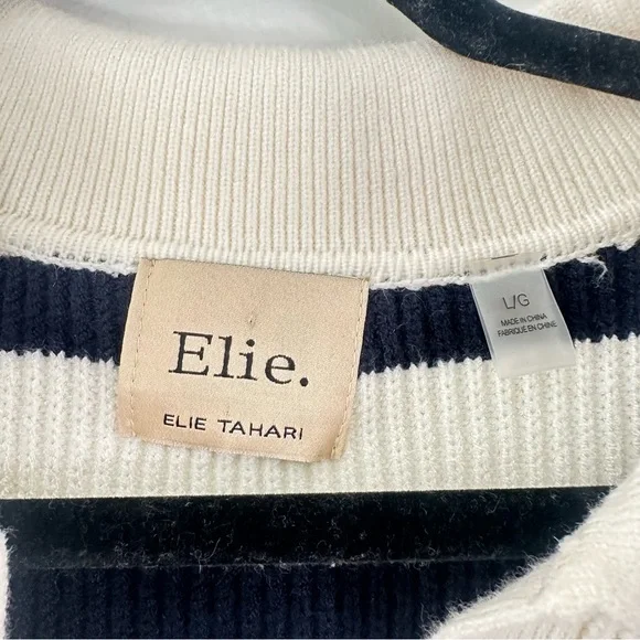 Elie Tahari Women’s Striped Knit Pullover Sweater Collared V-Neck Black White L - Picture 3 of 5
